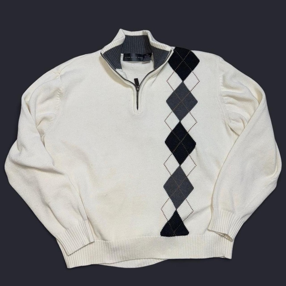 Oscar de la Renta Argyle Quarter-Zip Knit Sweater – XXL